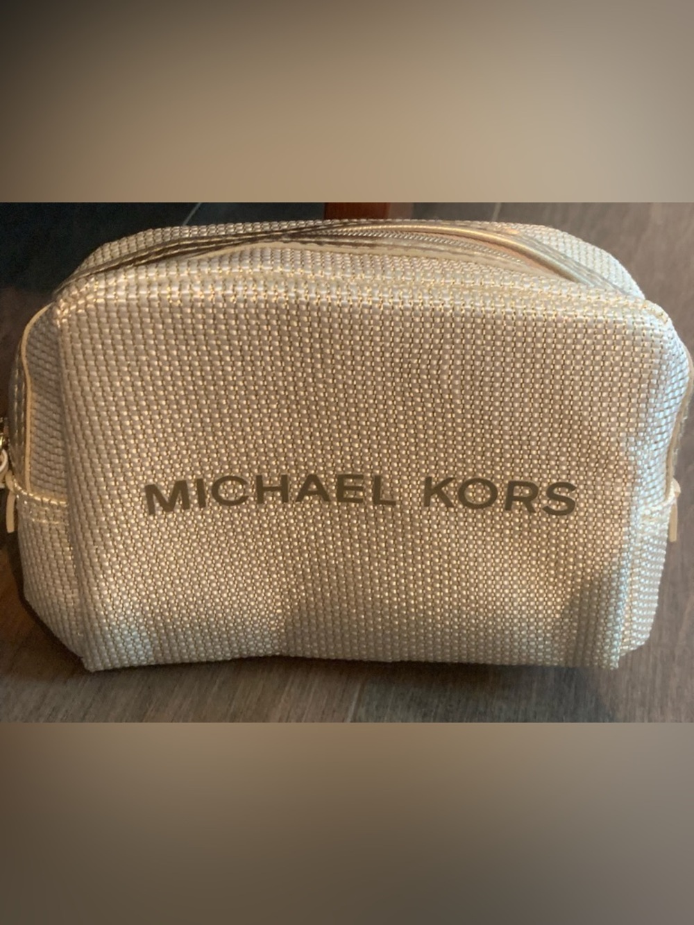 Michael Kors Gold Logo Metallic Gold Woven Cosmetic Pouch EUC
